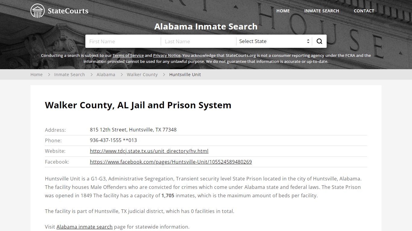 Huntsville Unit Inmate Records Search, Alabama - StateCourts